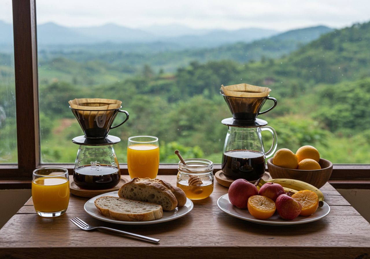 Mesa de café da manhã com vista pra serra