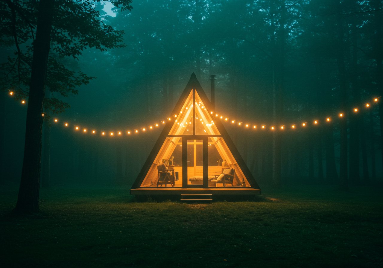 Cabana Aurora — A-frame iluminada ao entardecer