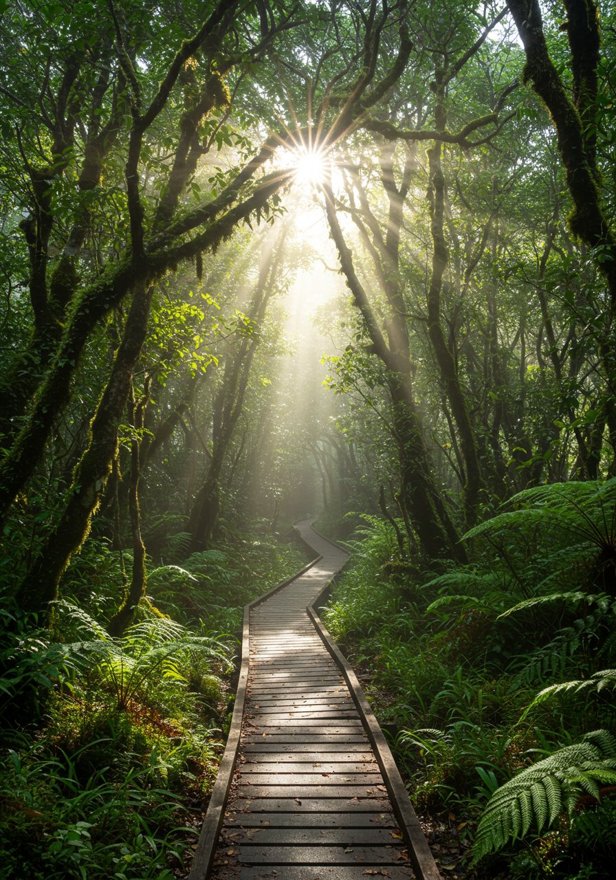 Trilha de madeira na mata